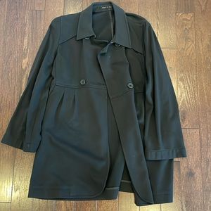 Theory black coat. Slightly worn, white marks likely removed with washing